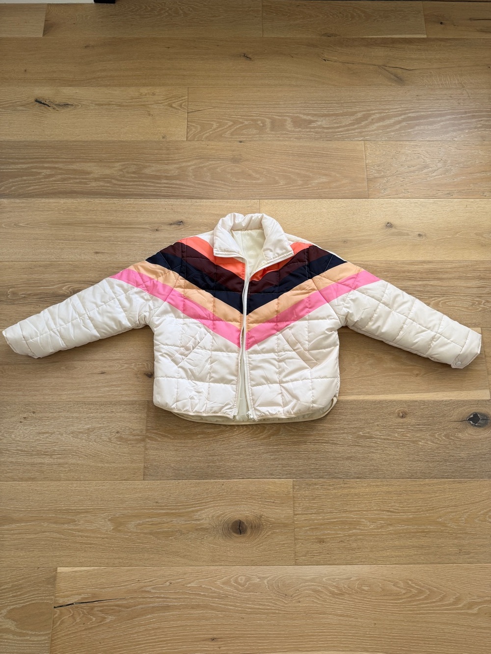 Women’s White Puffer Jacket with Multicolor Chevron Stripes
